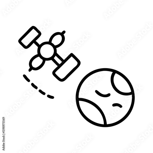 Black outline icon of satellite orbiting Earth with dashed trajectory line on white background representing space communication and global technology