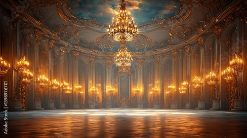 A grand opera house with chandeliers casting intricate volumetric light patterns on velvet curtains and gilded balconies, opulent and dramatic, ultra-realistic, wide-angle view