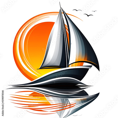 Sailboat Silhouette Against Vibrant Sunset Over Calm Ocean Water with Reflection and Minimalist Design Elements