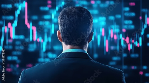 A focused man stands amidst vibrant screens, each showing fluctuating stock market trends in vivid clarity.