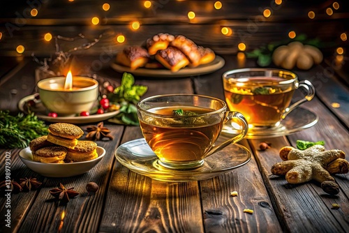 Night Photography: Elegant Teacups, Loose Leaf Tea & Pastries on Wooden Table - Still Life