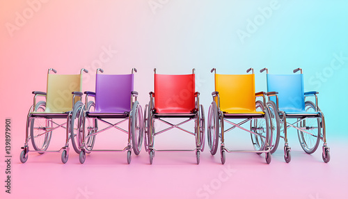 A row of colorful wheelchairs are lined up against a blue wall. The chairs are of different colors, including pink, yellow, and orange. Concept of inclusivity and diversity
