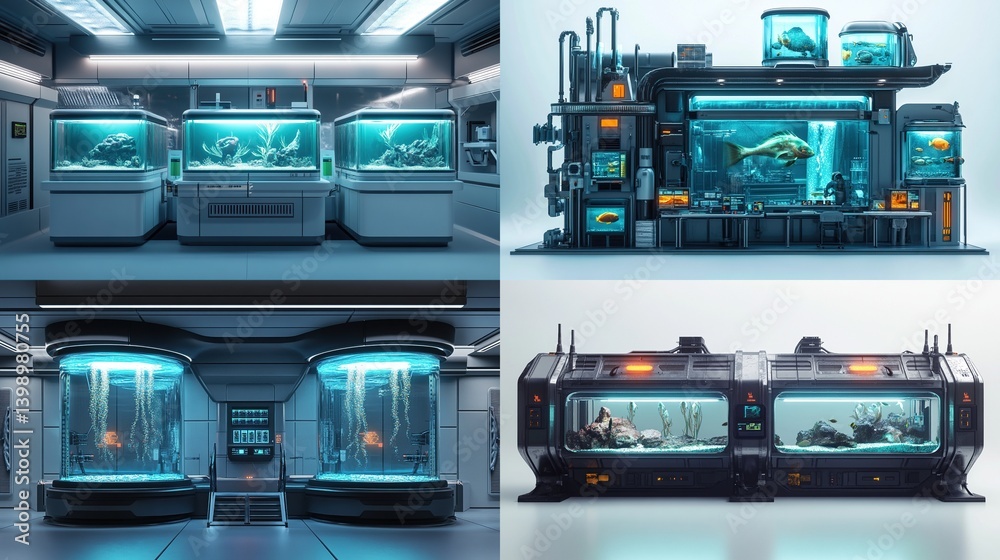 Obraz premium Futuristic fish tanks in a sci-fi lab.