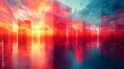A high-detail 3D rendering of an abstract architectural structure with intersecting glass planes and metallic beams, set against a sunset sky, warm light creating dramatic reflections and shadows