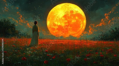 Solitary Figure Gazing at a Giant Orange Moon
