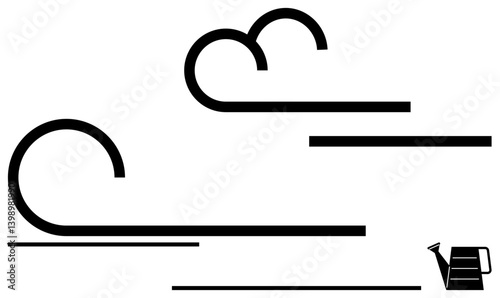 Curved wind lines flow across the design with a watering can in the corner, symbolizing nurturing and nature. Ideal for growth, renewal, environment, simplicity, creativity, inspiration