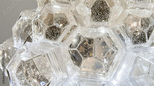 Transparent geometric structure with reflective surfaces and internal details