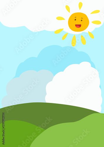 Smile sun cartoon and grassland green 