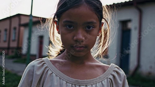 Portrait of a beautiful girl in a poor neighborhood. Poor baby concept
