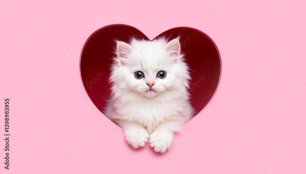 Cute white fluffy kitten looking adorably through a heart-shaped cutout frame Cute white fluffy kitten looking adorably through a heart-shaped cutout frame