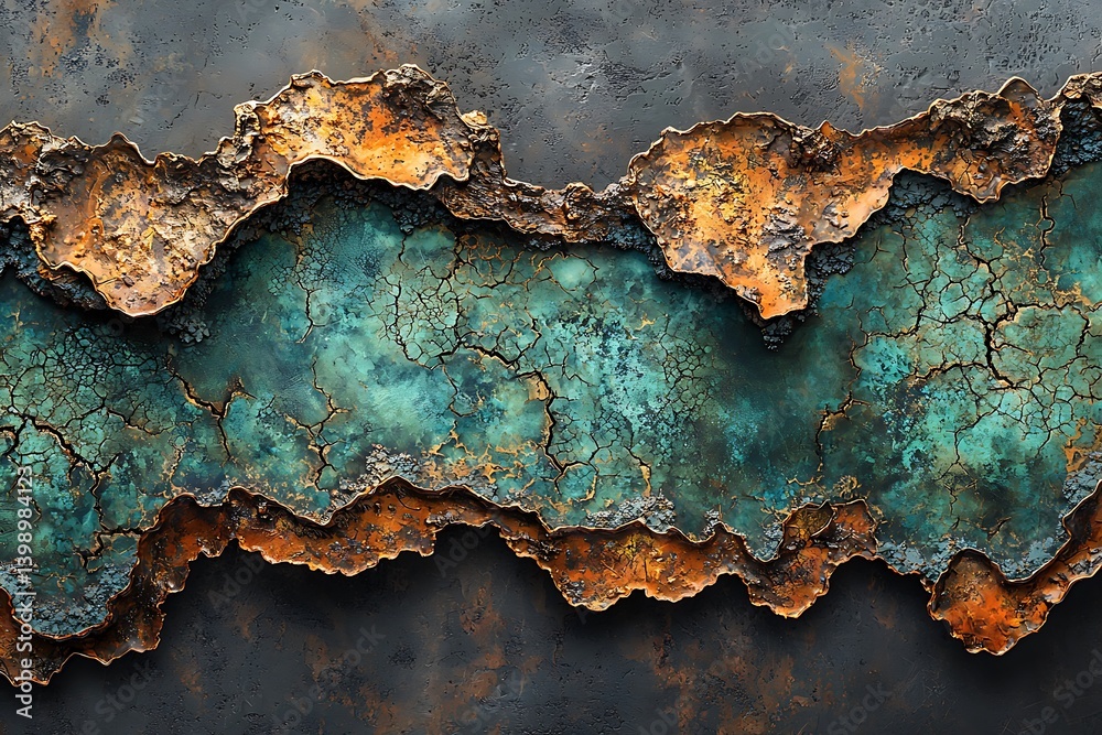 A high-resolution close-up of oxidized copper with vibrant turquoise patina, rough edges, and crystalline formations, captured under soft directional lighting.