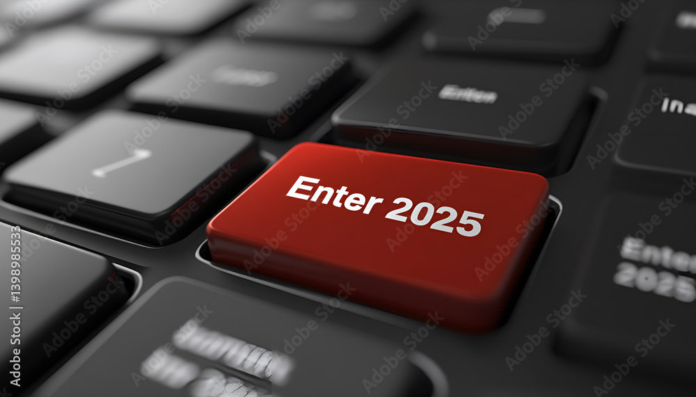 Red keyboard button with Enter 2025 text, symbolizing new beginnings Red keyboard button with Enter 2025 text, symbolizing new beginnings