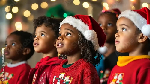 Adorable Christmas Carolers: A heartwarming image of young children singing Christmas carols, wearing festive red sweaters and Santa hats, radiating joy and the spirit of the season.