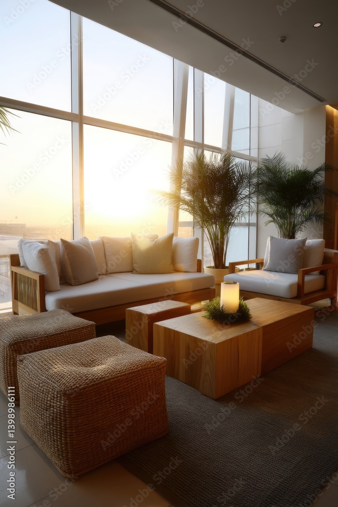 A gently hazy picture highlights a modern lounge bathed in sunlight, adorned with warm furnishings and comfortable seating that collectively foster a calm and chic atmosphere. A gently hazy picture highlights a modern lounge bathed in sunlight, adorned with warm furnishings and comfortable seating that collectively foster a calm and chic atmosphere.