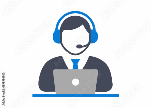 Vector illustration of a businessman holding a headset icon for call center support