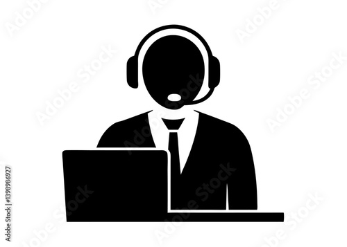 Vector illustration of a businessman holding a headset icon for call center support