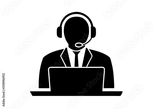 Vector illustration of a businessman holding a headset icon for call center support