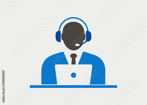 Vector illustration of a businessman holding a headset icon for call center support