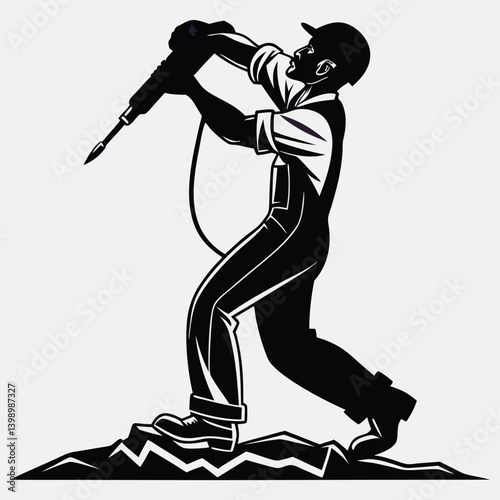 construction worker operating a jackhammer silhouette vector deign art and illustration