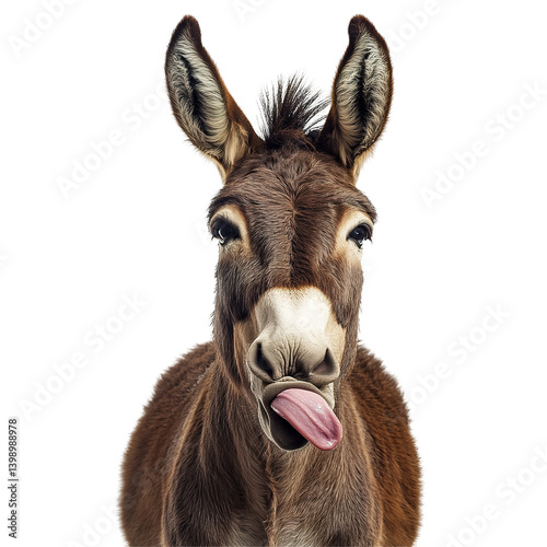 This image captures a close-up studio portrait of a donkey with its tongue sticking out.