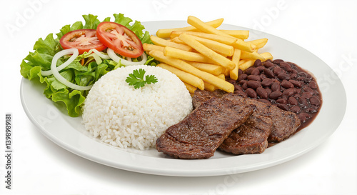 Prato brasileiro com arroz branco, feijão preto, bife grelhado batatas fritas douradas e salada de tomate com alface.

