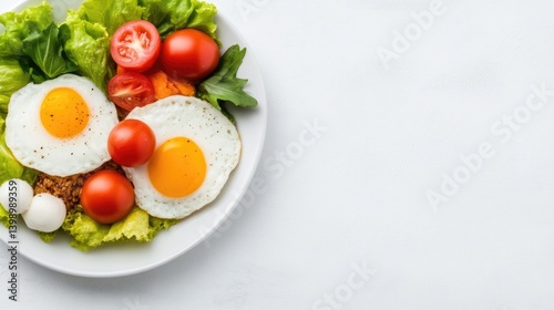 Freshly cooked fried eggs served on a white plate with vibrant cherry tomatoes, mozzarella balls, and crisp green lettuce leaves, and healthy breakfast concept.