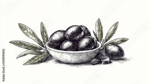 Hand-drawn Illustration of Black Olives in Bowl with Olive Leaves
