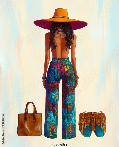 Hippie Style Fashion Set with Wide-Brimmed Hat and Patterned Pants in Retro Art Style