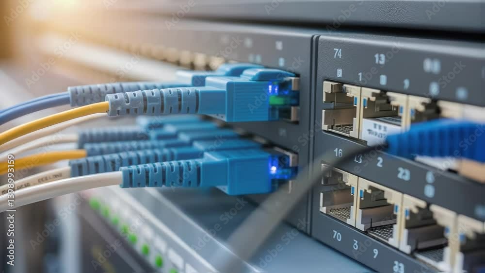 A closeup of a fiber optic connector being attached to a network switch with the connectors features in sharp detail highlighting the crucial connection points in the network. A closeup of a fiber optic connector being attached to a network switch with the connectors features in sharp detail highlighting the crucial connection points in the network.