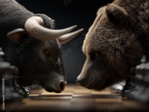 Bull and bear face off intently over a chessboard, symbolizing strategic competition and rivalry. Their expressions are determined, conveying tension and focus