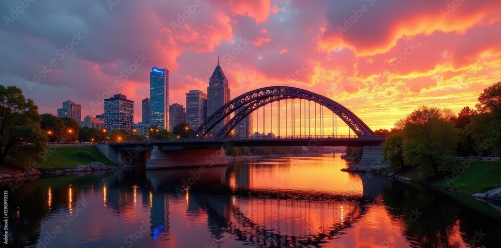 Obraz premium Stone Arch Bridge & Minneapolis skyline, beautiful sunset hues , dusk light, dusk