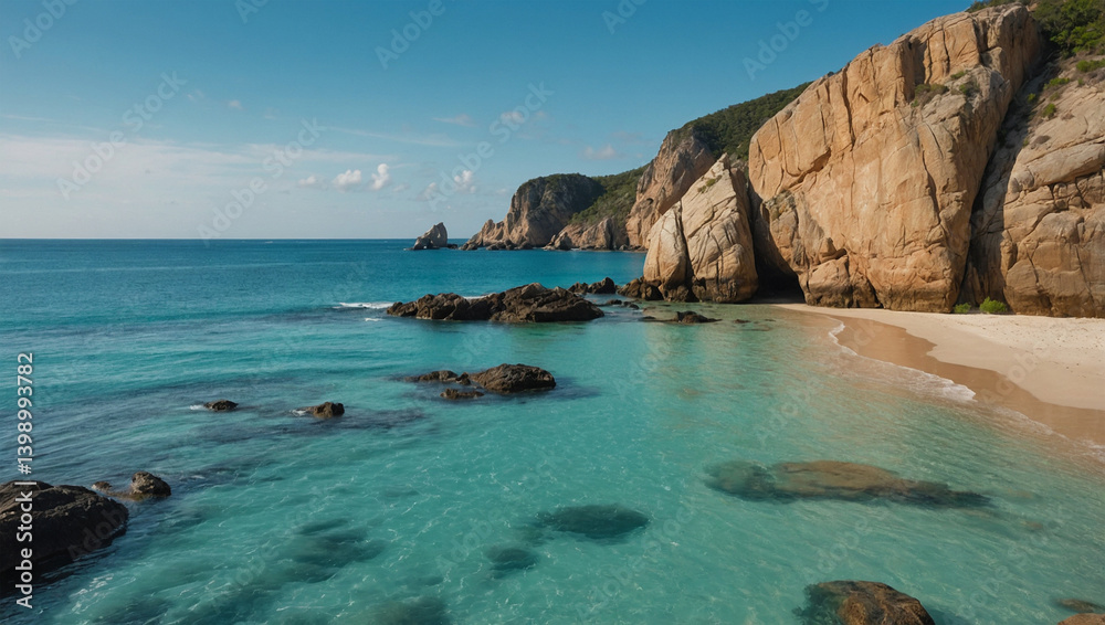 Obraz premium Seaside view with large coastal rocks, turquoise water, soft sand