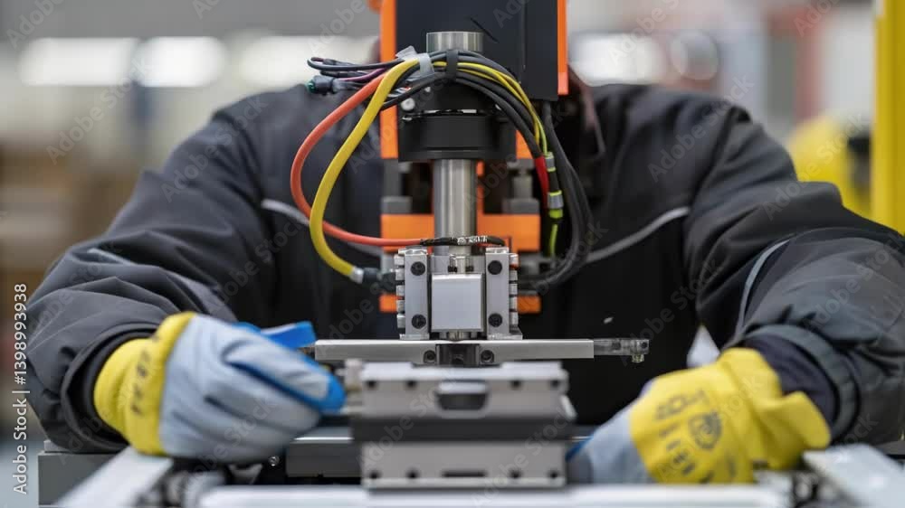 A closeup of a worker wearing protective gloves adjusting sensors on a robotic palletizer featuring the intricate wiring and mechanical parts of the automation. A closeup of a worker wearing protective gloves adjusting sensors on a robotic palletizer featuring the intricate wiring and mechanical parts of the automation.