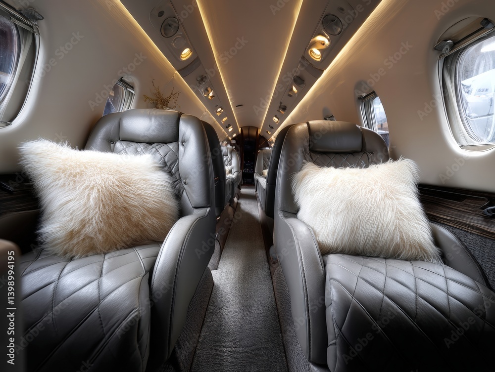 Obraz premium Luxurious private jet interior with plush, diamond-quilted leather seats and fluffy white cushions, warm ambient lighting, and sleek, modern design with cabin windows along sides