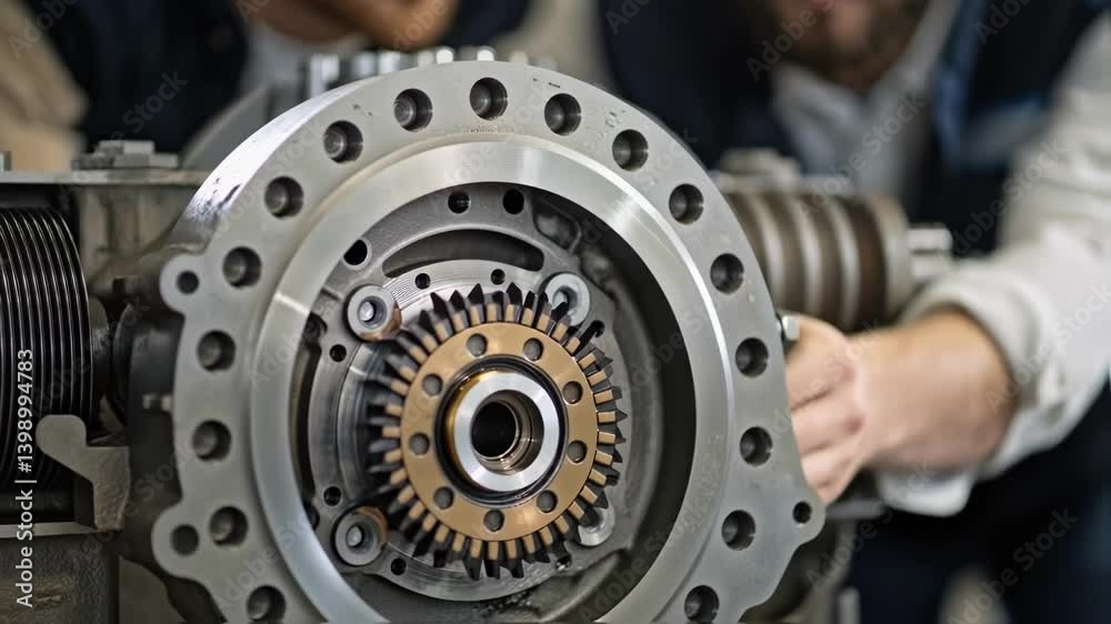 A closeup of two engineers studying a complex machine part together with their focused expressions captured emphasizing collaboration and precision. A closeup of two engineers studying a complex machine part together with their focused expressions captured emphasizing collaboration and precision.