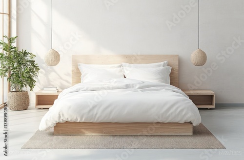 Minimalist Scandinavian Bed Mockup Front View Bright Natural Light 3D Rendering
