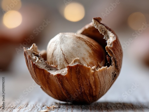 Cracked hazelnut in focus w...
