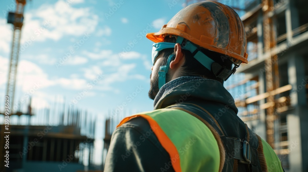 Fototapeta premium A Hispanic construction worker wearing protective gear while working at a construction site. Featuring safety and awareness