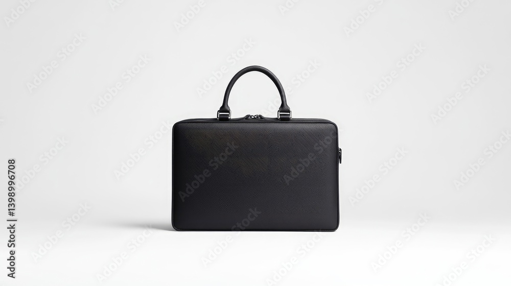 Black Leather Briefcase Minimalist Style High-Resolution Photography Front View Subtle Stitching Professional Accessory White Background Deep Black Hues Ideal for Product Catalogs
