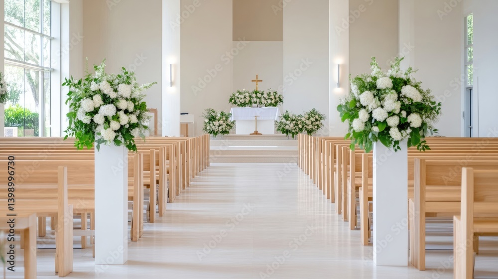 Elegant church interior with floral arrangements