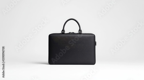 Obraz na płótnie Black Leather Briefcase Minimalist Style High-Resolution Photography Front View Subtle Stitching Professional Accessory White Background Deep Black Hues Ideal for Product Catalogs w salonie