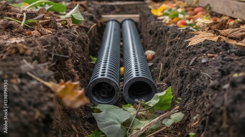 A medium closeup of aeration pipes installed within a compost pile designed to enhance airflow with the surrounding compost layered around the pipes.