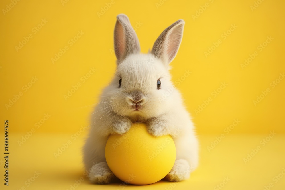 Cute Fluffy Bunny Resting on Yellow Object with Egg
