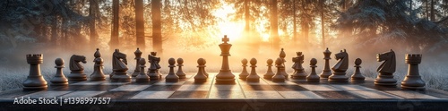 Strategic gameplay awaits on a mystical chess board nestled in a foggy forest, where the warmth of sunrise casts a serene glow, and chess pieces stand silhouetted against the sprawling checkered