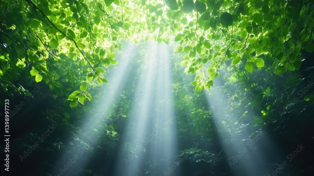 Sunlight streams through lush green foliage, illuminating a forest canopy. Sunlight beams pierce the canopy, creating a mystical and tranquil atmosphere.