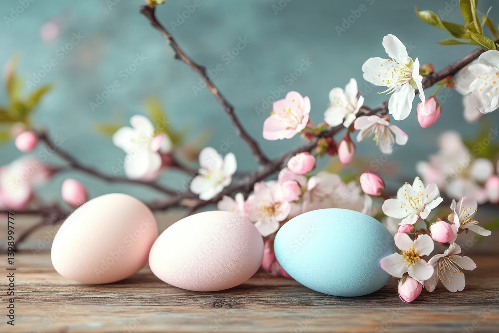 Easter Celebration with Colorful Painted Eggs and Cherry Blossoms on Rustic Table Easter Celebration with Colorful Painted Eggs and Cherry Blossoms on Rustic Table
