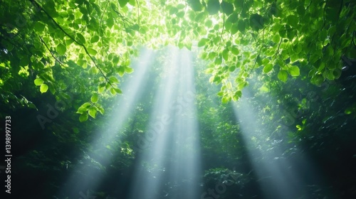 Obraz na płótnie Sunlight streams through lush green foliage, illuminating a forest canopy. Sunlight beams pierce the canopy, creating a mystical and tranquil atmosphere. w salonie