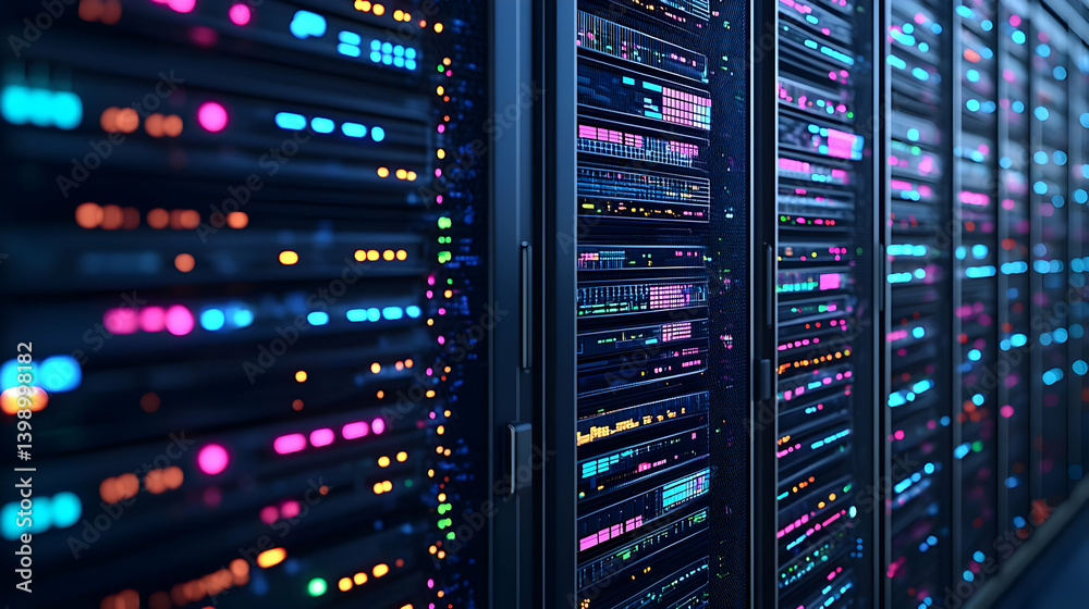 Row Of Colorful Glowing Server Racks In Data Center