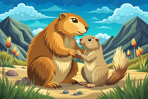 vector of A tender moment between a young and an adult prairie dog in a natural setting.