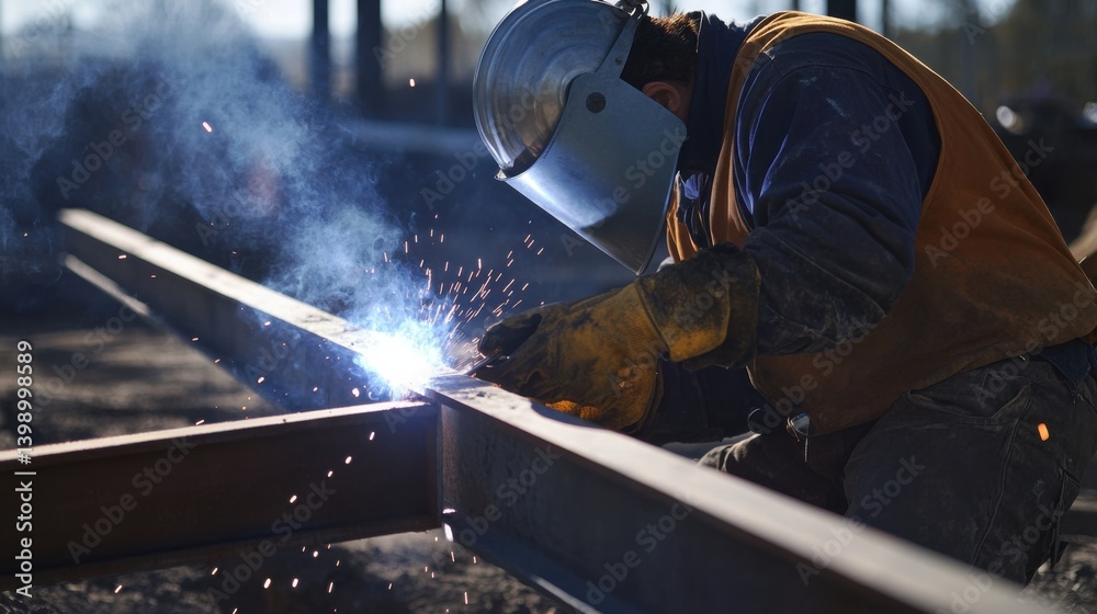 A Hispanic construction worker welding metal beams at a construction site. Featuring welding techniques and attention to safety